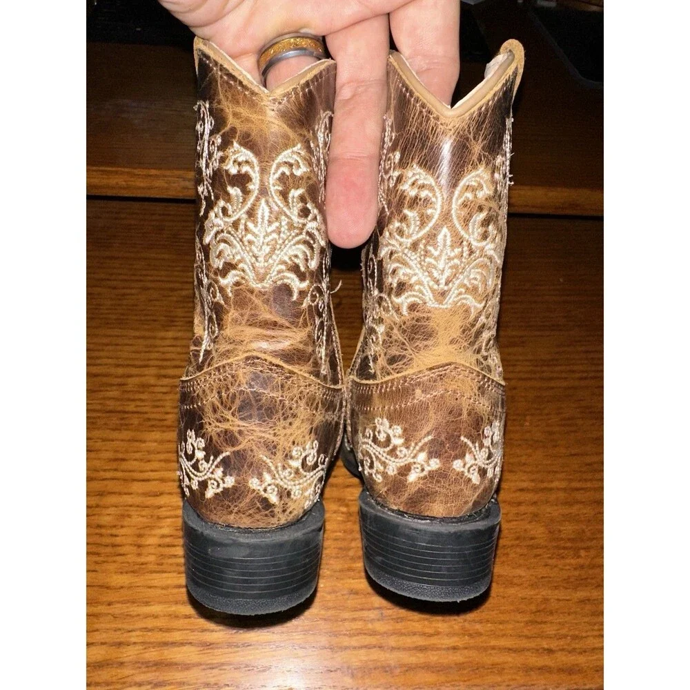 Old West Western Boots Baby Girl Zip Leather Heavy Stitch Burnt Tan BSI1958 LkNw